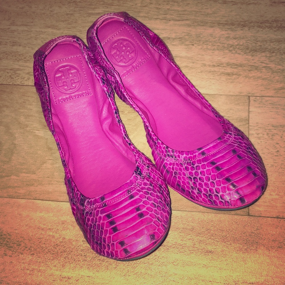 Tory Burch Hot Pink Snake Skin Flats